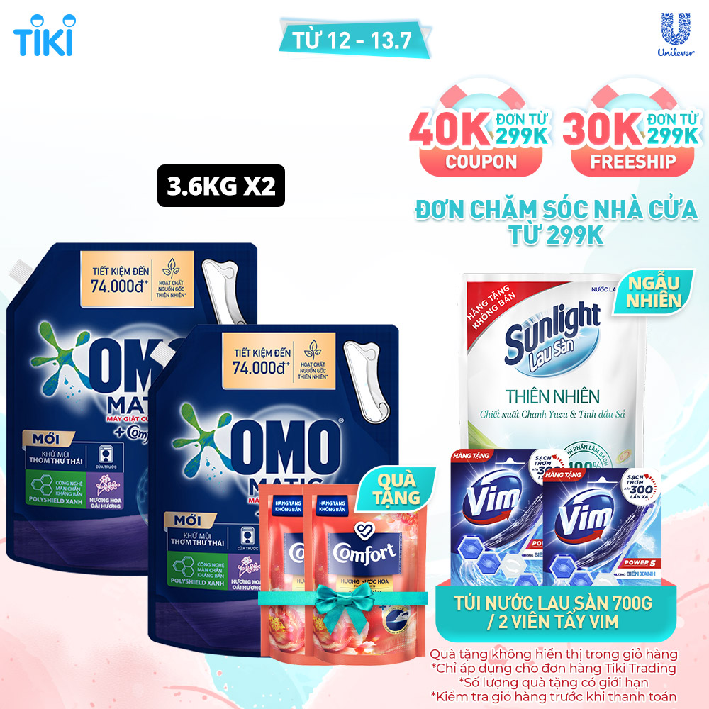 Combo 2 túi nước giặt OMO Matic chuyên dụng Cửa Trước Lavender Khử Mùi Thư Thái 3.6kg + 2 Nước Xả Comfort 120ml Ngẫu Nhiên