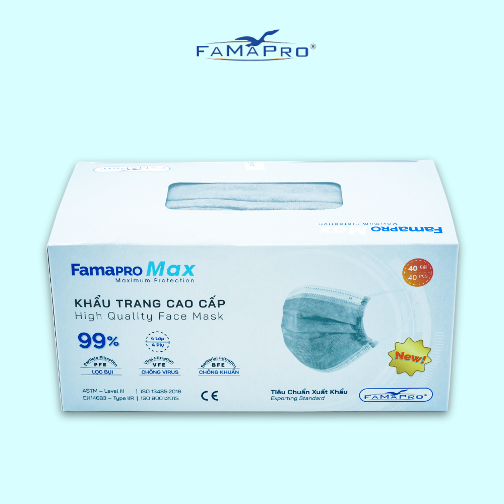 [HỘP - FAMAPRO MAX] - Khẩu trang y tế kháng khuẩn 4 lớp Famapro Max (40 cái/ hộp) - COMBO 3 HỘP