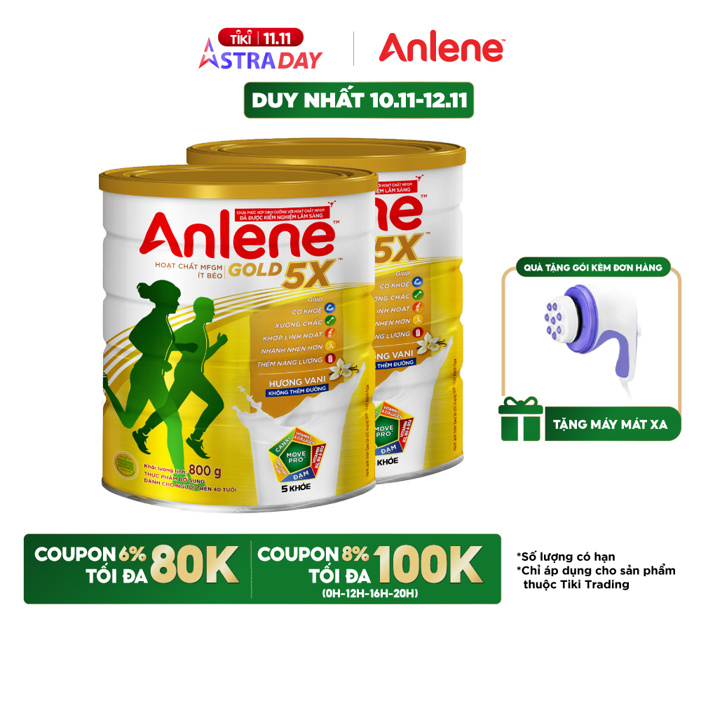 Combo 2 Sữa Bột Anlene Gold 5X Hương Vanilla (Hộp Thiếc 800g) - Tặng máy mát xa