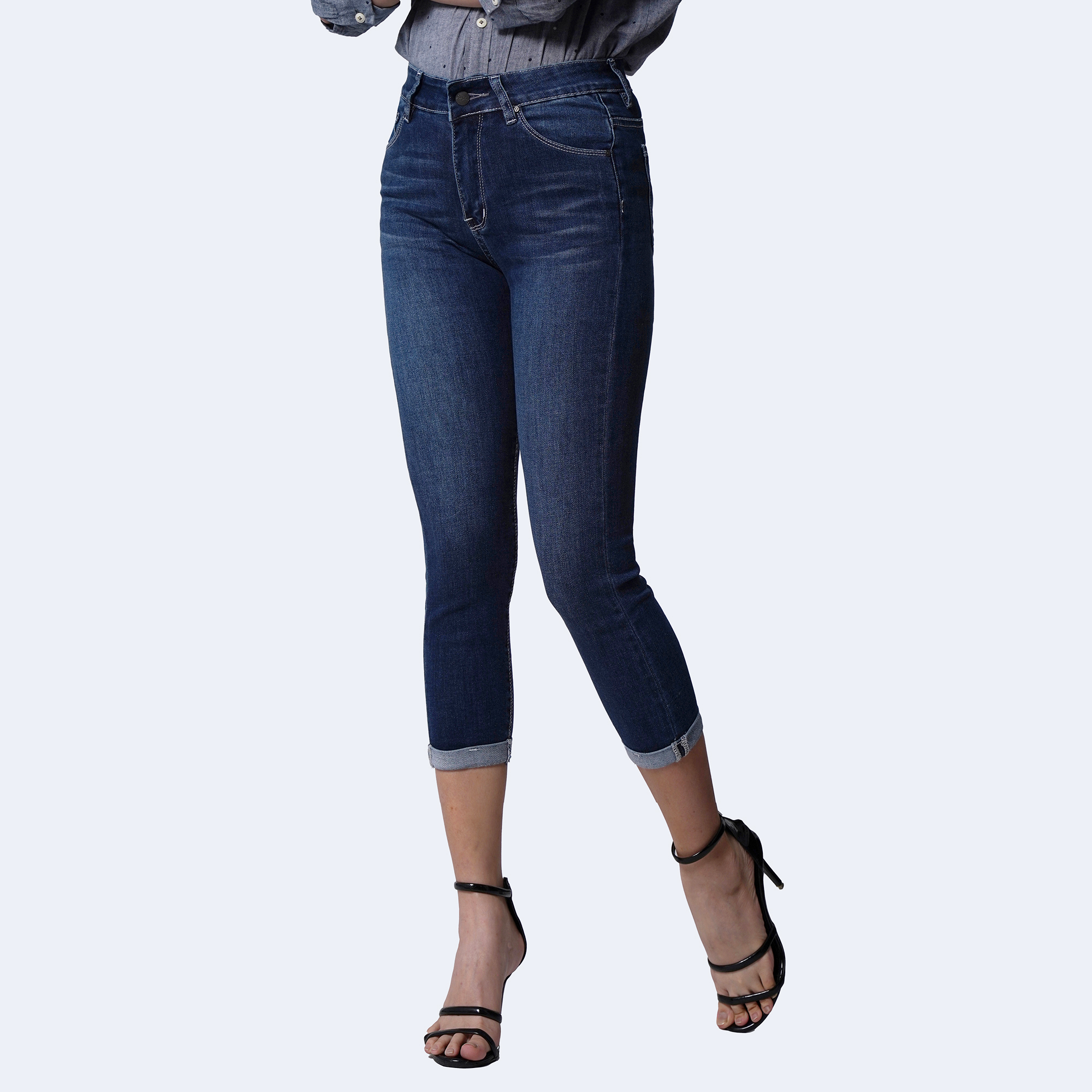 Quần Jean Nữ Lửng Aaa Jeans Skinny Lưng Cao Lật Line Ocean Blue