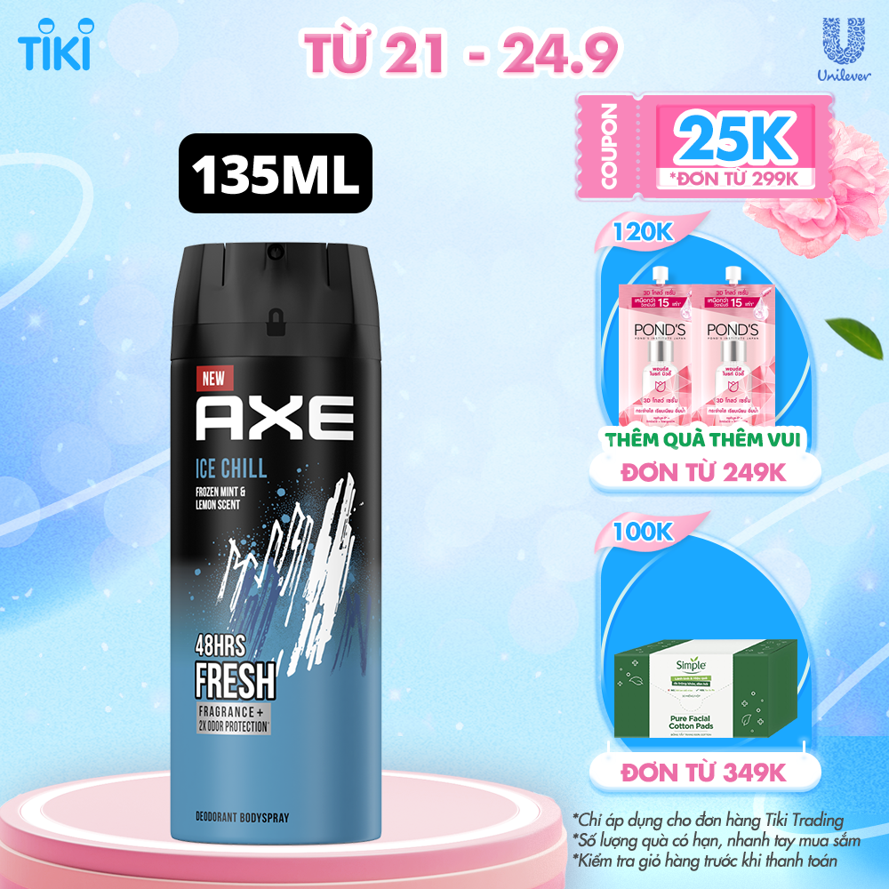 Xịt nước hoa toàn thân Axe Ice Chill Khử mùi cho nam Hương thơm Sảng khoái mát lạnh từ chanh tươi, bạc hà ướp lạnh 135ml