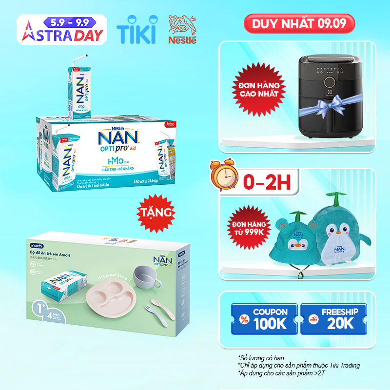 Thùng 24 Hộp Sữa Dinh Dưỡng Pha Sẵn NESTLE NAN OPTIPRO Kid 180ml/Hộp - Tặng Bộ đồ ăn trẻ em