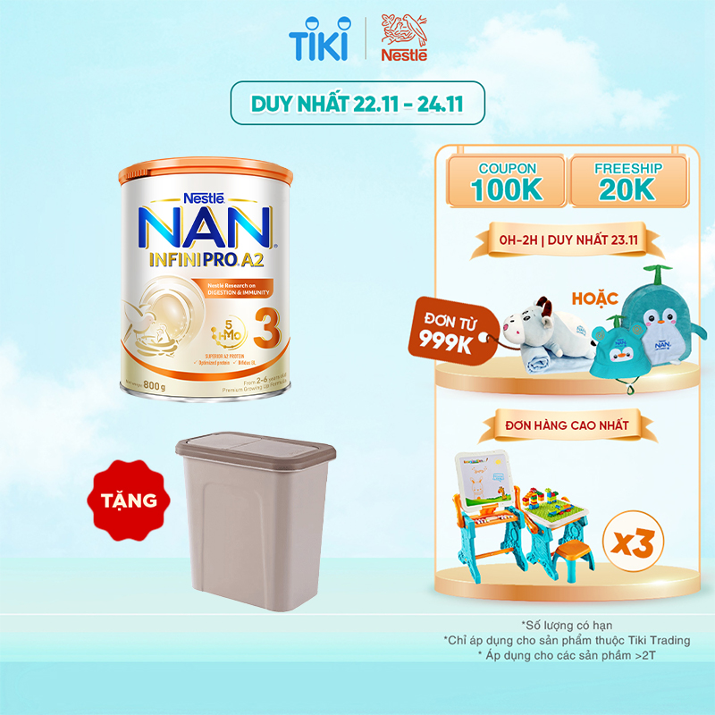 Sữa Bột Nestlé NAN INFINIPRO A2 3 Cho Trẻ Từ 2-6 Tuổi Hộp 800g - Tặng Thùng Rác Treo Cánh Tủ