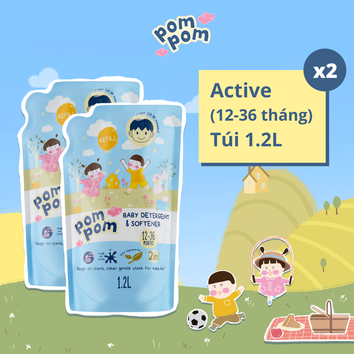 Combo 02 Túi 1.2L - Nước Giặt xả Pom Pom Active Sạch Khuẩn Khử Mùi (12 - 36 tháng)