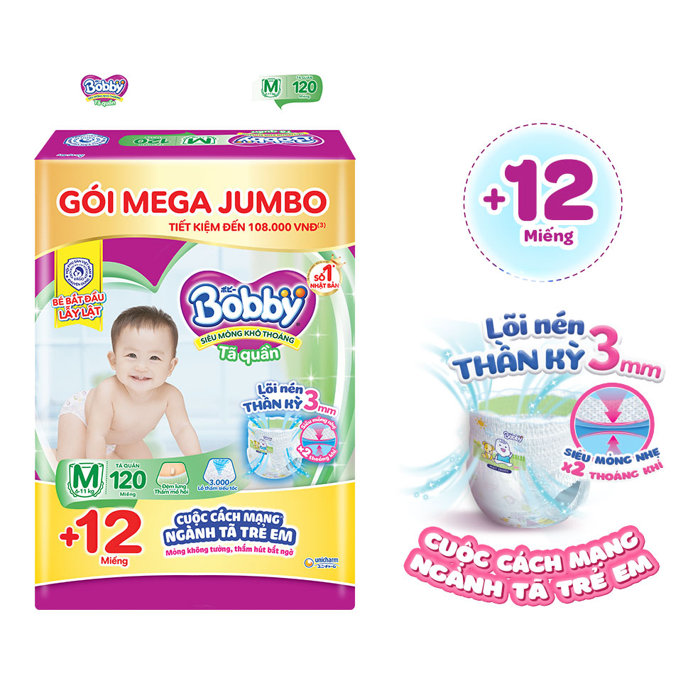 Tã quần Bobby Mega Jumbo M120 - Lõi nén thần kì 3mm - Siêu mỏng khô thoáng bất ngờ - Tặng thêm 12 miếng