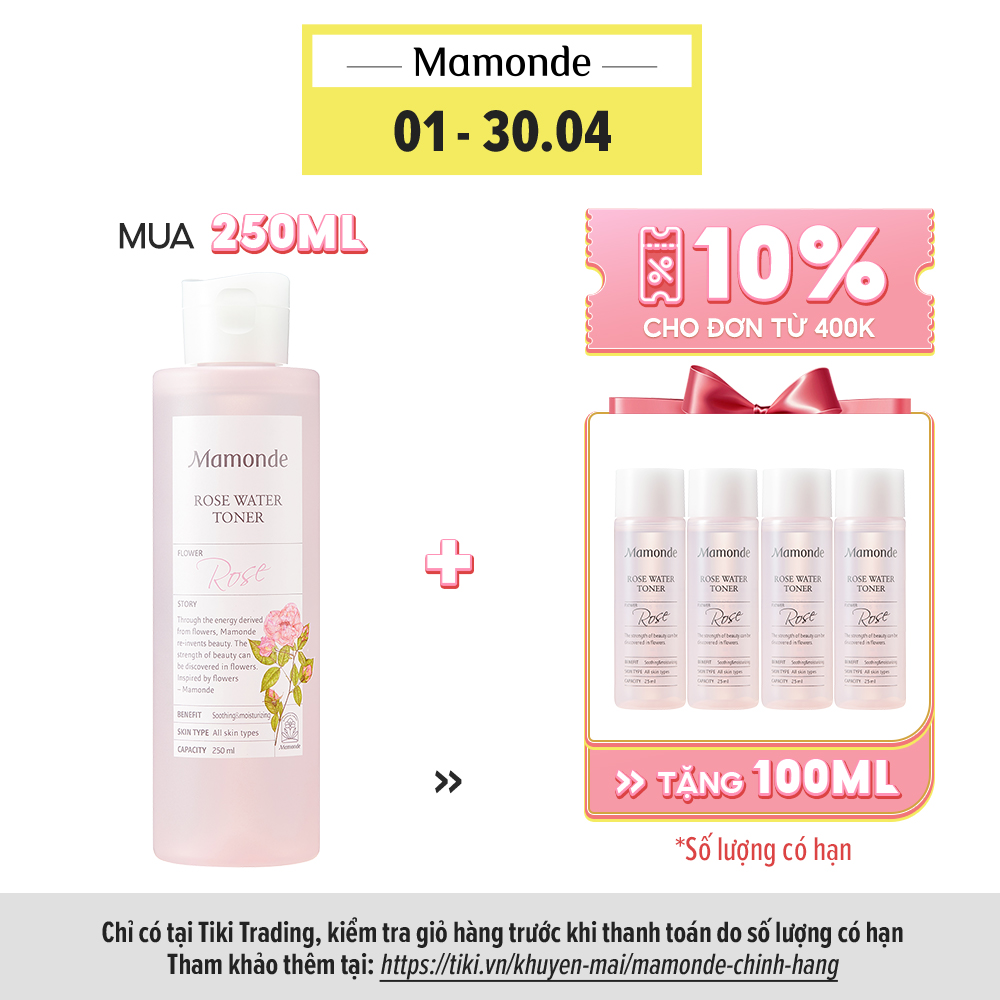 Nước Hoa Hồng Cung Cấp Độ Ẩm Mamonde Rose Water Toner 250ml + 100ml