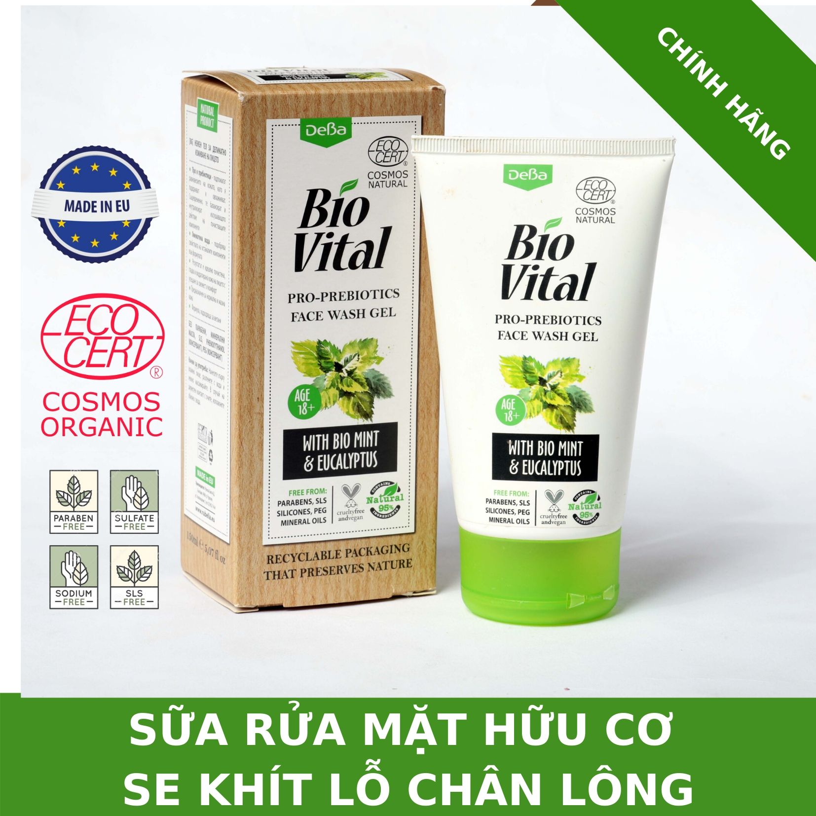 Gel Rửa Mặt Hữu Cơ Nhập Khẩu Dịu Nhẹ Deba Bio Vital Sạch Nhờn, Ngừa Mụn, Se Khít Lỗ Chân Lông