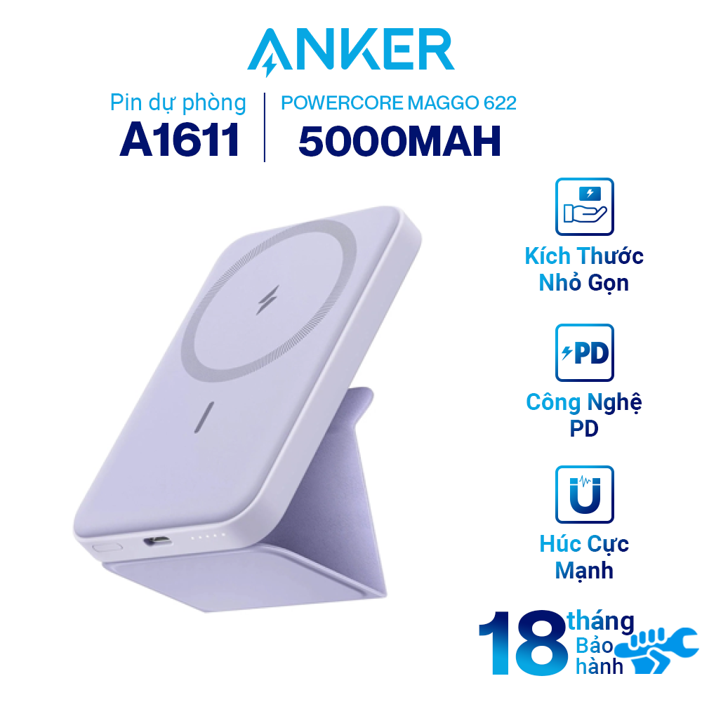 Pin Sạc Dự Phòng Không Dây Từ Tính ANKER 622 Maggo A1611, Pin Từ Tính 5000Mah Và USB-C Dành Cho Iphone 13/12 Series - Hàng Chính Hãng