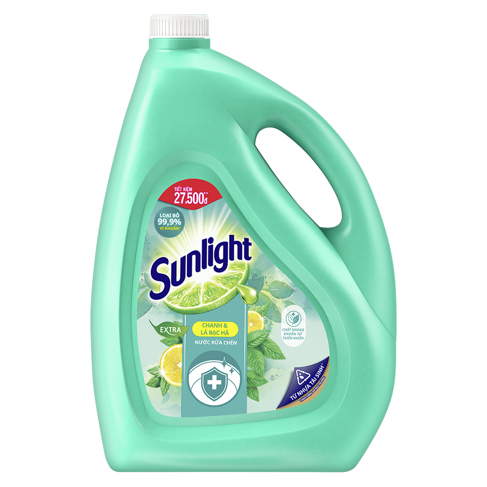 Nước Rửa Chén Bát Sunlight Diệt Khuẩn Chiết xuất Chanh và Lá Bạc Hà 3.6kg