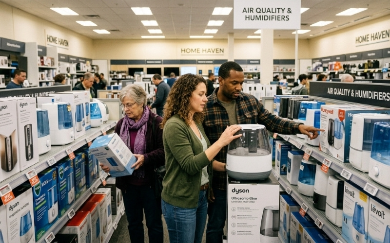 Khách hàng lựa chọn máy tạo ẩm trong cửa hàng đồ điện