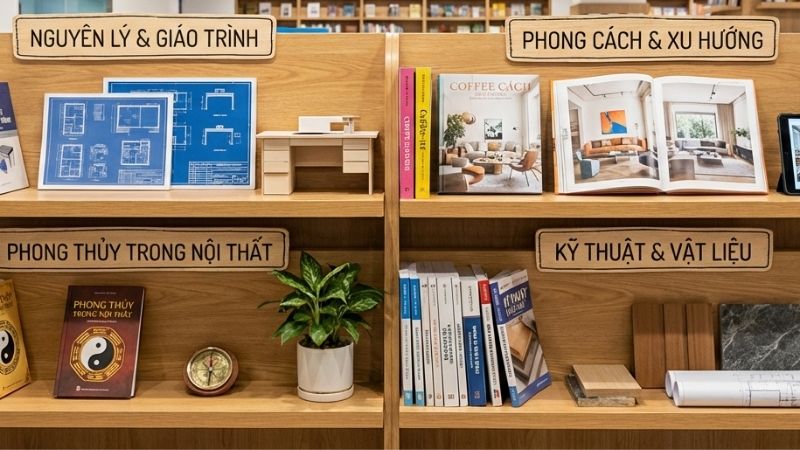 Tiki tổng hợp s&aacute;ch nội thất gồm gi&aacute;o tr&igrave;nh, phong c&aacute;ch, phong thủy, kỹ thuật & vật liệu