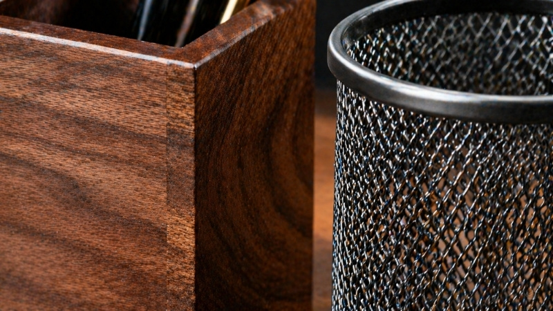 Cấu tạo bền bỉ của cốc cắm b&uacute;t kim loại sơn tĩnh điện v&agrave; ống cắm b&uacute;t gỗ cao cấp