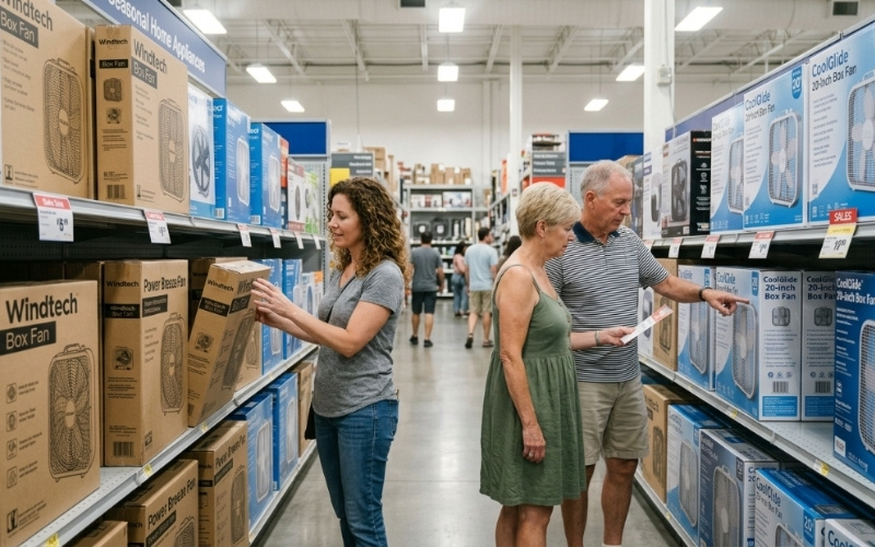 Quạt hộp được b&agrave;i b&aacute;n trong cửa h&agrave;ng với c&aacute;c mặc h&agrave;ng ch&iacute;nh h&agrave;ng&nbsp;