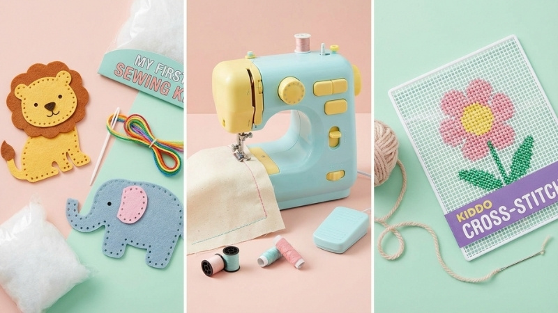 T&ugrave;y thuộc v&agrave;o độ tuổi v&agrave; kỹ năng, ba mẹ c&oacute; thể chọn bộ kit vải nỉ đục lỗ sẵn hoặc m&aacute;y may mini hiện đại cho b&eacute;