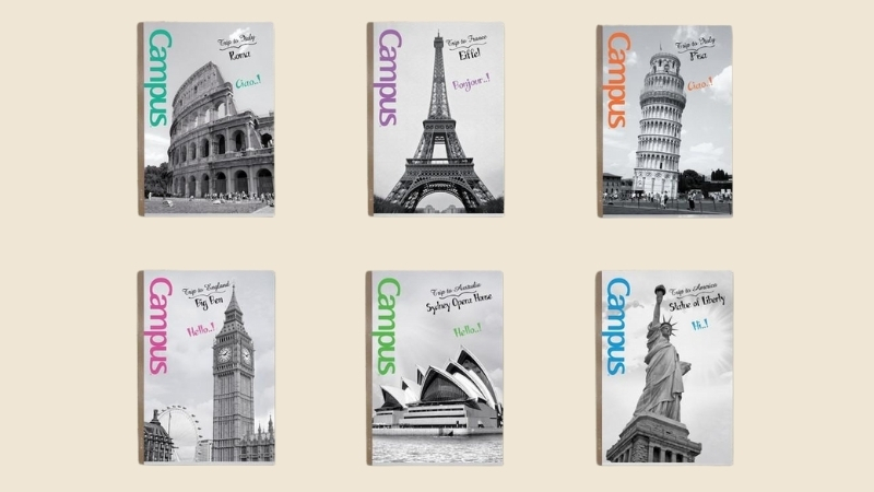 Các mẫu tập Campus với thiết kế bìa trẻ trung in hình các biểu tượng nổi tiếng thế giới