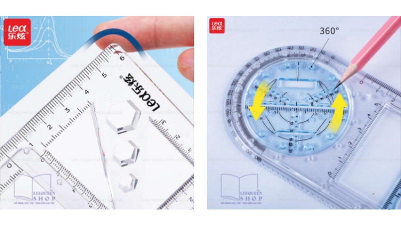 Thước vẽ h&igrave;nh học gồm thước thẳng, eke, thước đo g&oacute;c tiện dụng