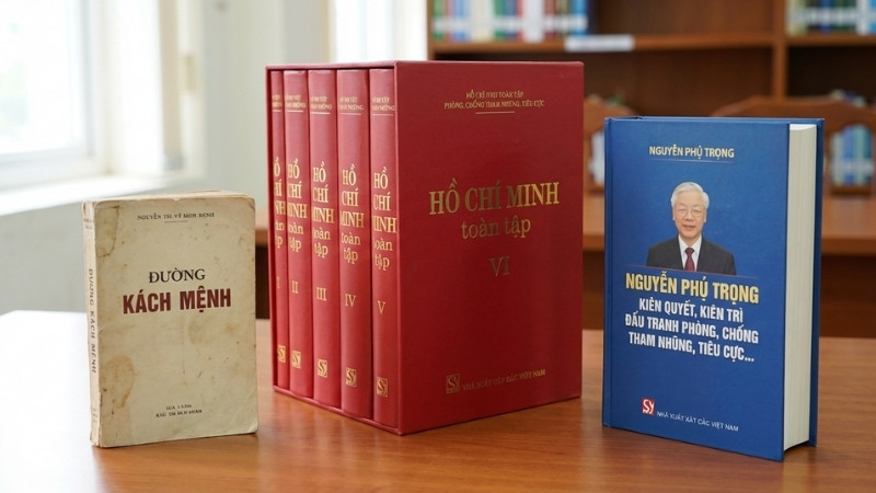 T&aacute;c giả lớn như Hồ Ch&iacute; Minh, Nguyễn Ph&uacute; Trọng c&ugrave;ng c&aacute;c s&aacute;ch ch&iacute;nh trị ti&ecirc;u biểu