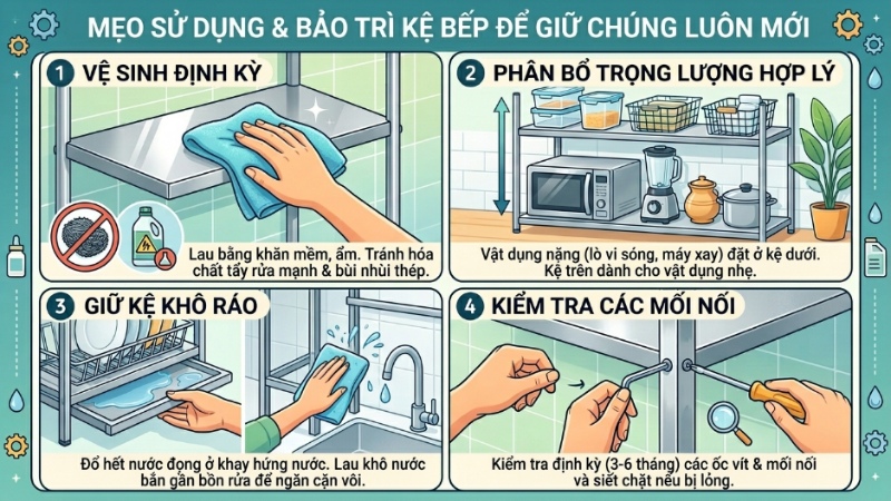 Cách sử dụng và bảo quản kệ nhà bếp như mới