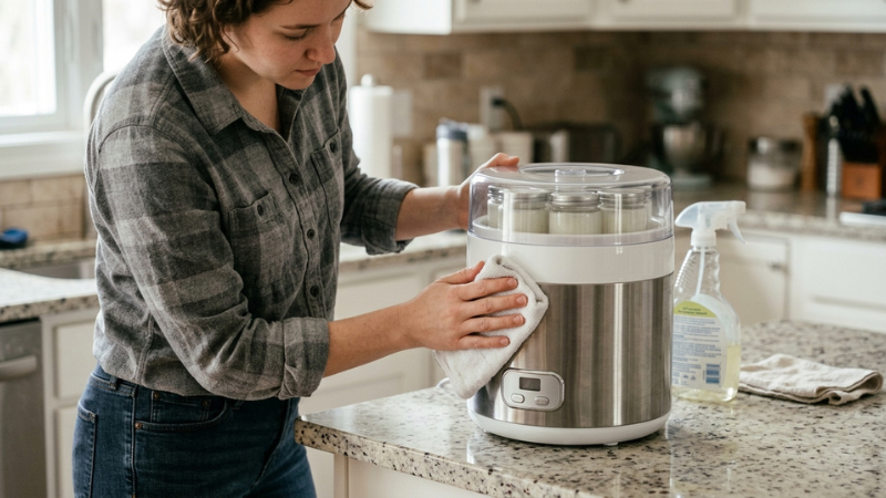 Lau sạch th&acirc;n m&aacute;y l&agrave;m sữa chua bằng khăn ẩm sau khi d&ugrave;ng