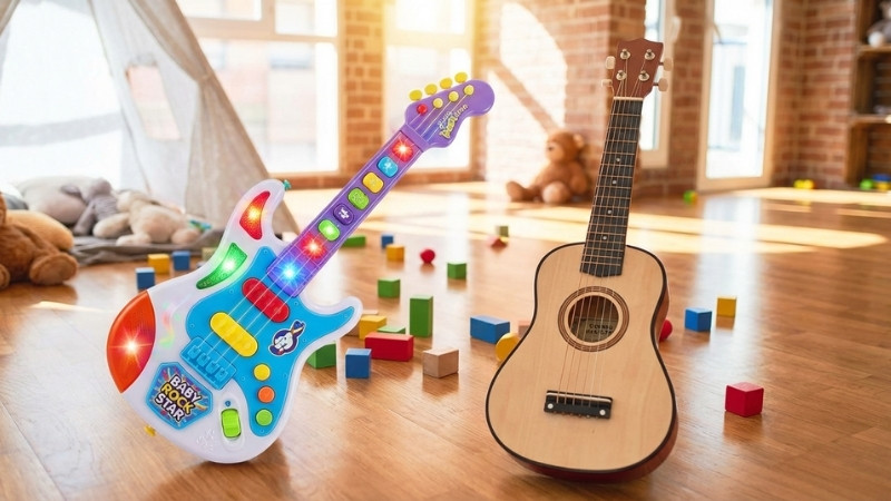 Chọn guitar đồ chơi cho b&eacute; theo tuổi: 1 - 3 d&ugrave;ng đ&agrave;n pin, 4+ d&ugrave;ng guitar/ukulele m&ocirc; phỏng