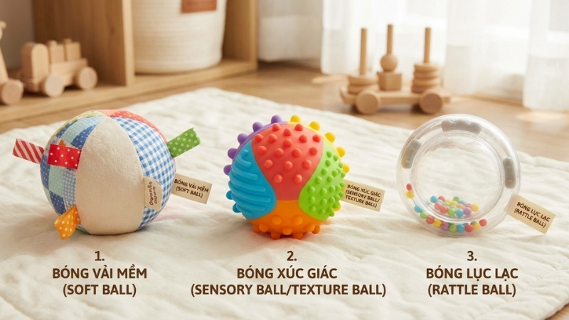 B&oacute;ng cho b&eacute; sơ sinh gồm c&oacute; b&oacute;ng vải mềm, b&oacute;ng x&uacute;c gi&aacute;c, b&oacute;ng lục lạc an to&agrave;n, dễ chơi