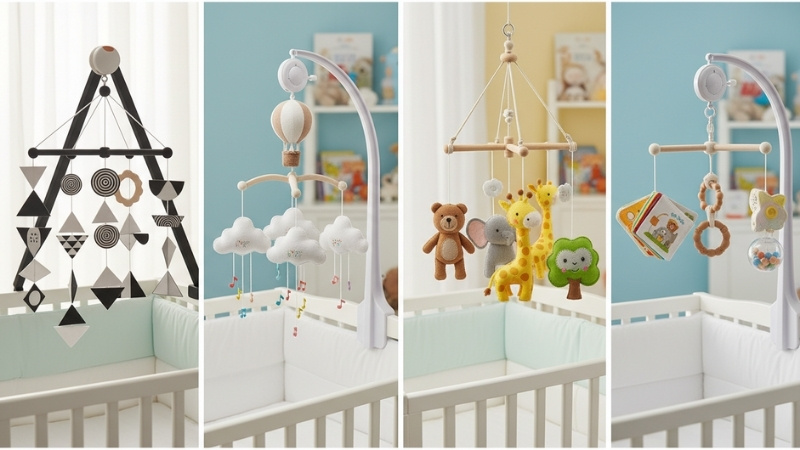 Chọn treo n&ocirc;i theo giai đoạn như m&agrave;u tương phản, c&oacute; nhạc dịu, vải mềm hoặc kệ treo đa năng cho b&eacute;