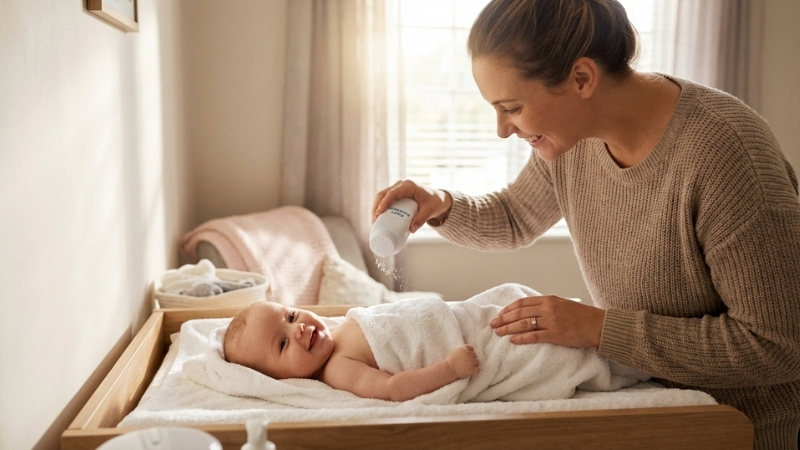 Phấn r&ocirc;m gi&uacute;p h&uacute;t ẩm v&agrave; ngăn ngừa ma s&aacute;t, mang lại cho b&eacute; cảm gi&aacute;c kh&ocirc; tho&aacute;ng