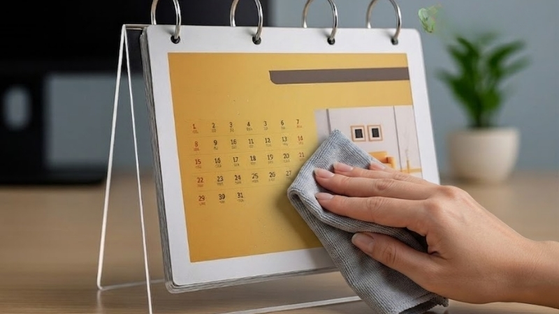 Bảo quản lịch b&agrave;n mica bền bỉ bằng c&aacute;ch vệ sinh định kỳ bằng khăn mềm đ&uacute;ng c&aacute;ch