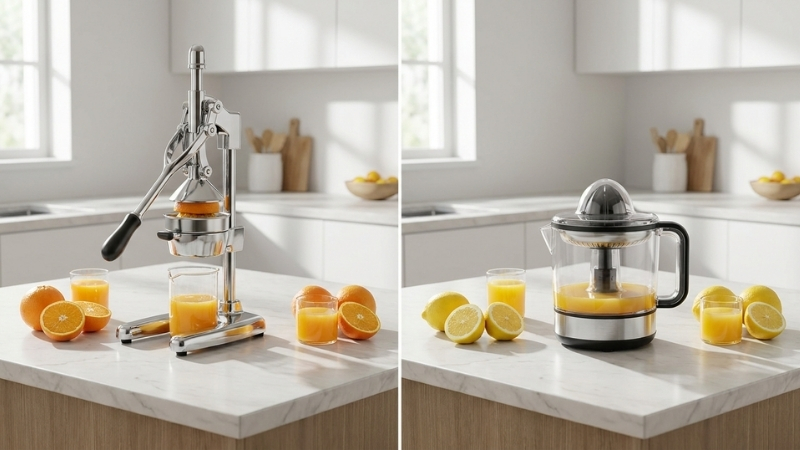 Chọn mua dụng cụ &eacute;p tr&aacute;i c&acirc;y, vắt cam dạng tay cầm truyền thống hoặc m&aacute;y chạy điện tiện lợi
