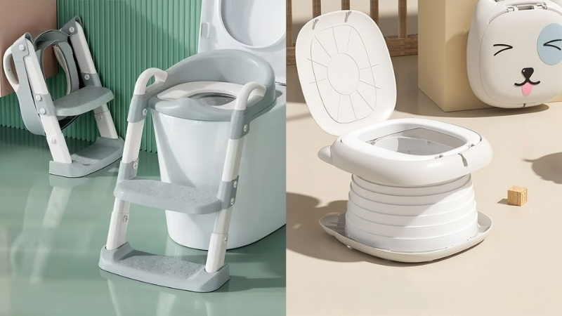 Bệ toilet có thang giúp bé tự lập; bô gấp gọn, đa năng tiện mang theo khi đi xa