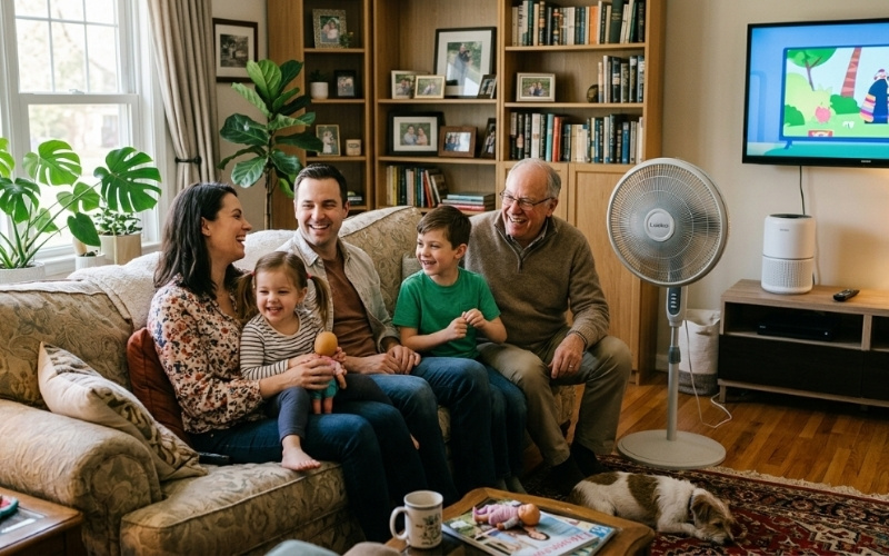 Gia đình vui vẻ, trò chuyệ về chiếc quạt điện trong nhà