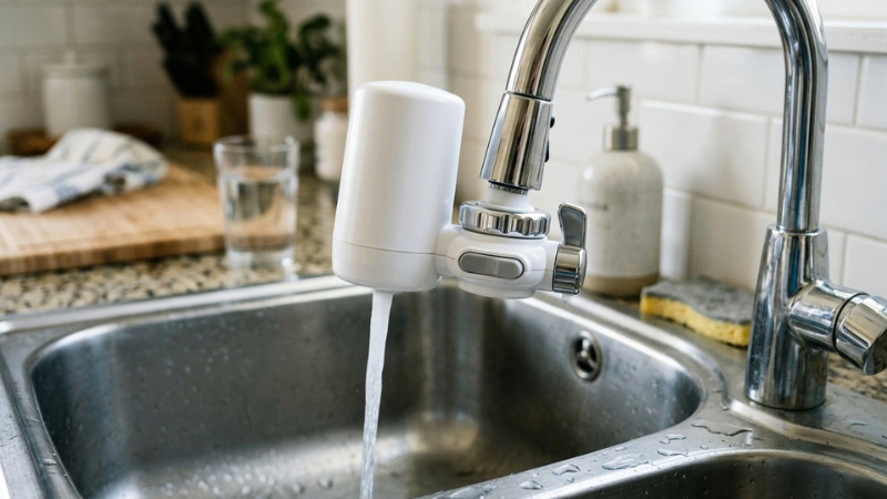Đầu lọc nước tại vòi nhỏ gọn giúp khử sạch tạp chất, mang lại nguồn nước sinh hoạt an toàn