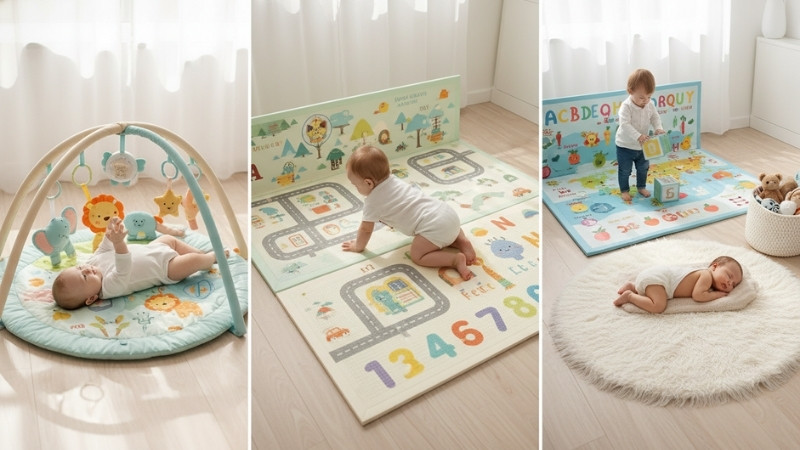 Chọn thảm theo từng giai đoạn: sơ sinh d&ugrave;ng thảm nhạc, b&eacute; b&ograve; chọn thảm XPE d&agrave;y, lớn hơn d&ugrave;ng thảm gi&aacute;o dục