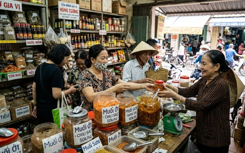 Bà con, nội trợ đang lựa chọn muối ớt, muối sate mua cho gia đình mình