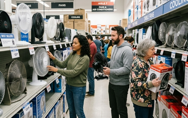 Kh&aacute;ch h&agrave;ng đang lựa chọn mua quạt b&agrave;n ch&iacute;nh h&atilde;ng tại cửa h&agrave;ng