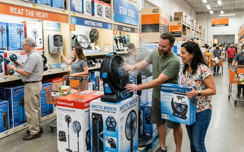 Kh&aacute;ch h&agrave;ng đang lựa chọn quạt phun hơi nước, phun sương tại cửa h&agrave;ng
