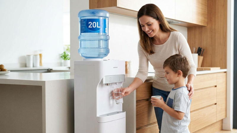 Ưu tiên chọn bình nước úp ngược có khóa an toàn vòi nóng để bảo vệ tuyệt đối cho trẻ nhỏ