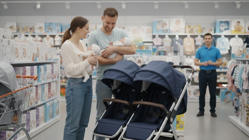 Chọn xe đẩy đ&ocirc;i an to&agrave;n, ghế &ecirc;m, k&iacute;ch thước ph&ugrave; hợp, m&aacute;i che rộng v&agrave; tiện &iacute;ch đầy đủ