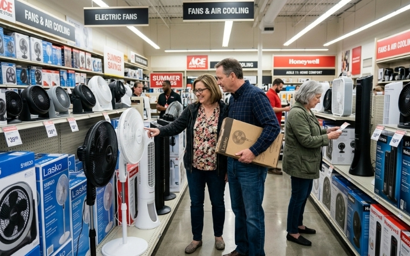 Khách hàng đang lựa chọn quạt điện kiểm tra thông tin, tính năng, hiệu năng