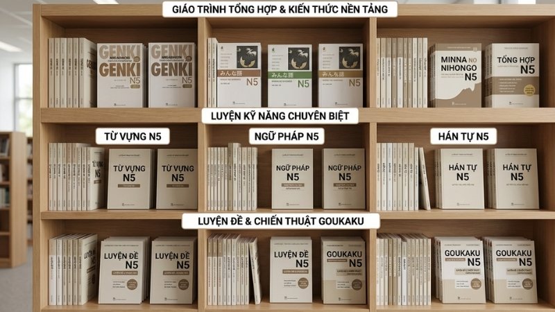 S&aacute;ch N5 tại Tiki gồm gi&aacute;o tr&igrave;nh nền tảng, s&aacute;ch kỹ năng v&agrave; luyện đề b&aacute;m s&aacute;t JLPT