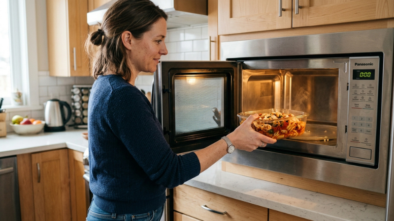 Cho vào lò vi sóng cần mở nắp hoặc hé van để đảm bảo an toàn và tránh trào nổ