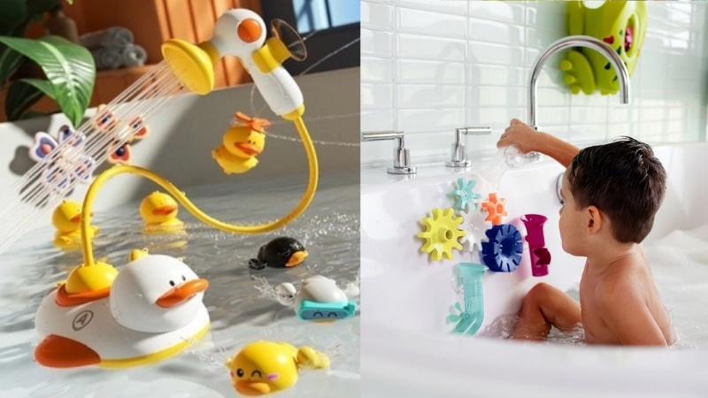 Chọn đồ chơi nhà tắm theo tuổi như bé nhỏ chơi phun nước, bé lớn dùng đồ chơi học tập, dễ vệ sinh