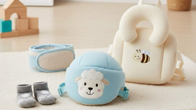 Kết hợp mũ bảo vệ đầu cùng vớ chống trượt, đai lưng giúp bé tập đi an toàn, hạn chế va ngã