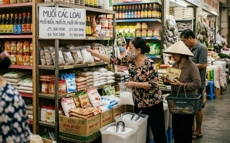 Kh&aacute;ch h&agrave;ng đang lựa chọn mua muối trong cửa sạp nhỏ ở khu chợ