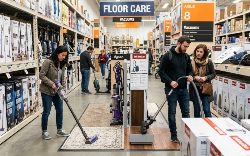 Kh&aacute;ch h&agrave;ng tr&atilde;i nghiệm d&ugrave;ng thử m&aacute;y h&uacute;t bụi tại cửa h&agrave;ng trước khi mua