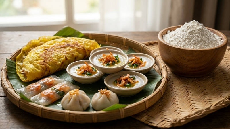 Bột gạo l&agrave; th&agrave;nh phần cốt l&otilde;i tạo n&ecirc;n kết cấu gi&ograve;n dai đặc trưng cho c&aacute;c m&oacute;n b&aacute;nh Việt