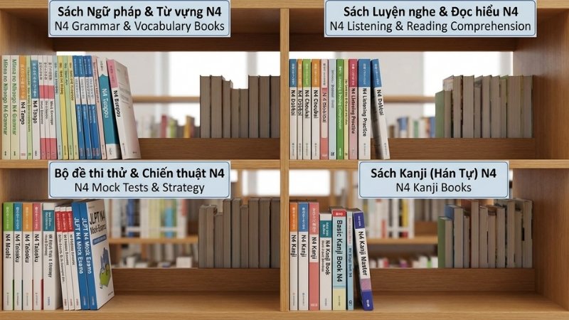 S&aacute;ch N4 tại Tiki gồm ngữ ph&aacute;p, từ vựng, nghe, đọc, Kanji v&agrave; đề thi thử b&aacute;m s&aacute;t JLPT