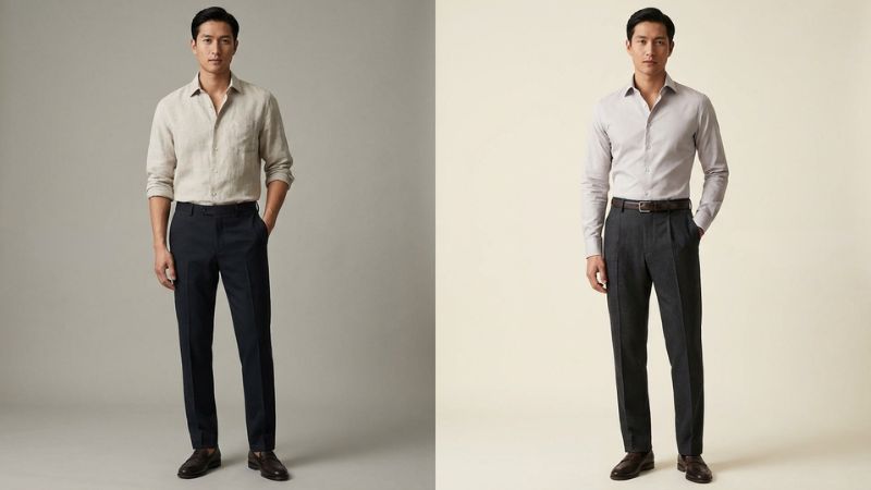 Sự kh&aacute;c biệt t&ocirc;n d&aacute;ng giữa quần t&acirc;y nam cạp thường v&agrave; quần t&acirc;y nam lưng cao