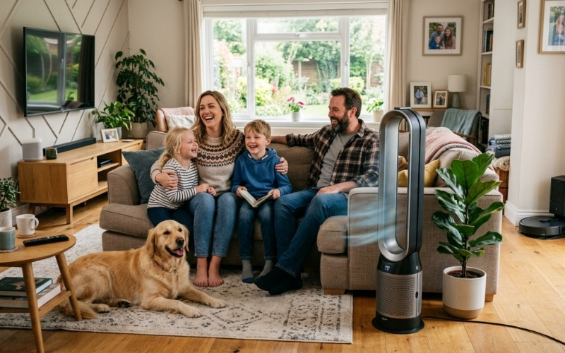 Gia đ&igrave;nh đang vui vẻ, tận hưởng chiếc quạt th&aacute;p m&aacute;t mẻ trong thường tiết nắng n&oacute;ng