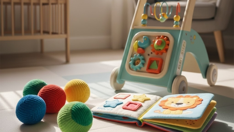 Đồ chơi 6 - 12 th&aacute;ng như b&oacute;ng vải, xe tập đi, s&aacute;ch vải gi&uacute;p b&eacute; vận động v&agrave; tư duy